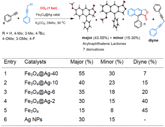 Figure 3. Fe3O4@Ag catalyzed CO 2 insertion in alkynes to afford lactone isomer derivatives (top). Control table for substrate R = H; Ar = Ph (bottom).